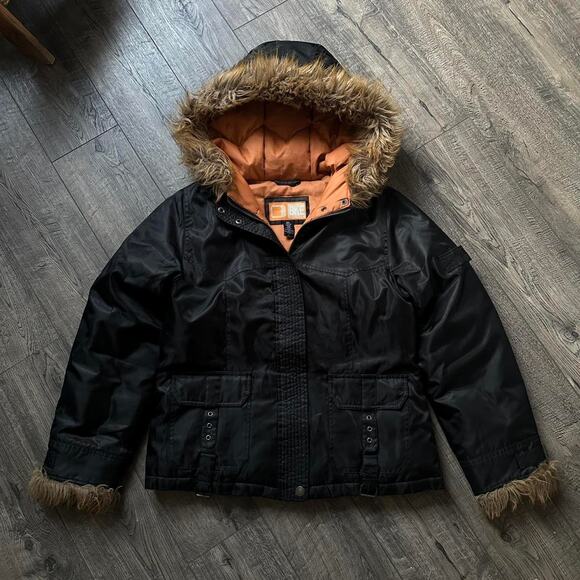 Vintage Y2K BKE Black Fur Hooded Puffer Winter Jacket Parka - Picture 1 of 5